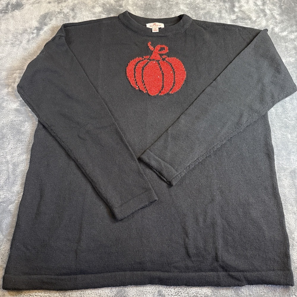 Quacker Factory Black Pumpkin Sweater L Cotton Blend Halloween Fall A619255 NWOT